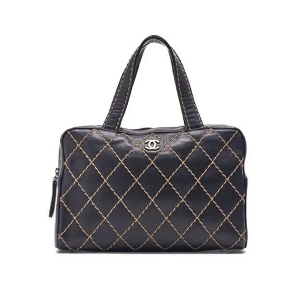 Authentic CHANEL CC Wild Stitch Vintage Quilted Bowler Hand Bag Tote Lambskin - Picture 2 of 15